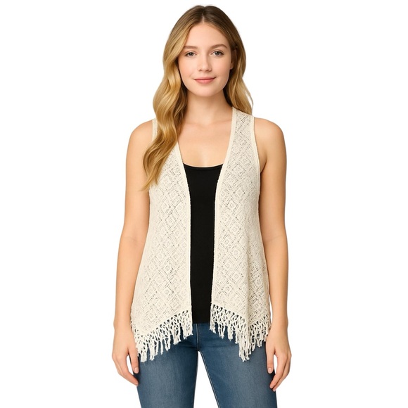 Speechless Other - Ivory Crochet Fringe Vest 16 Boho Festival Hippie Indie Cottagecore Layering Top
